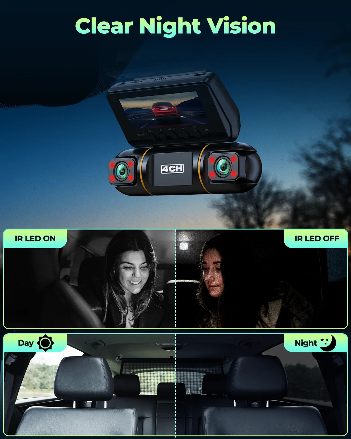 4 Channel Dash Cam Front and Rear inside with Hardwire Kit for 24H Security Parking Monitor, 1080P FHD 360 Degree View Dash Camera, IR Night Vision Dashcam, G-Sensor, Free 128GB Card