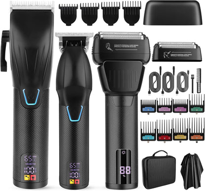 Hair Clippers for Men Professional, Professional Barber Clippers and Trimmer Set Electric Razor Foil Shavers for Men Cordless Clippers for Hair Cutting, LCD Display/Travel Case, Gifts for Men